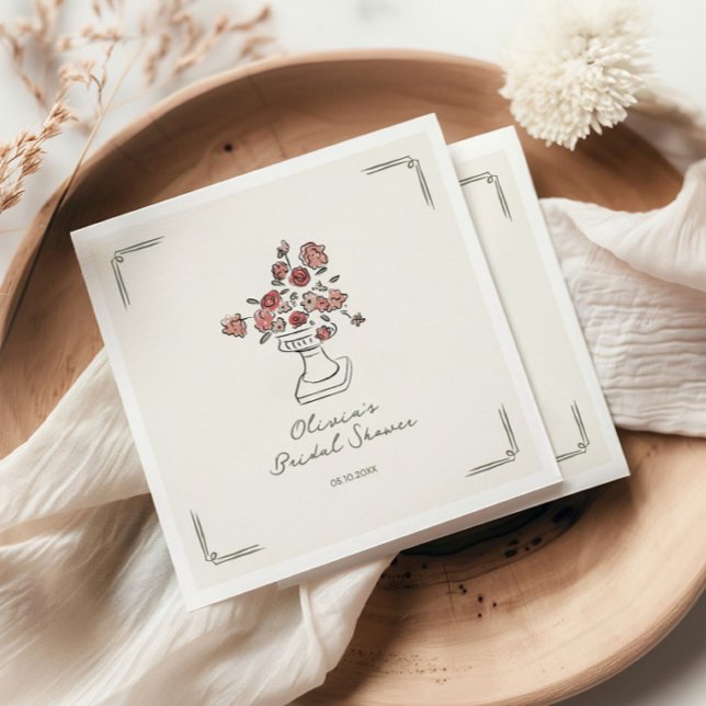 Hand Drawn Muted Red Sage Floral Urn Bridal Shower Napkin (Creator Uploaded)
