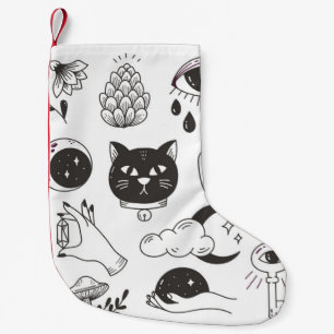 hand drawn mystical tattoo doodle, vintage badge d small christmas stocking