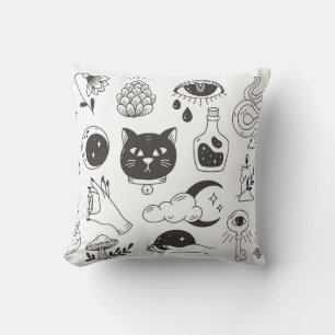 hand drawn mystical tattoo doodle, vintage badge d throw pillow