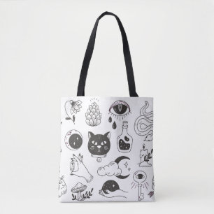 hand drawn mystical tattoo doodle, vintage badge d tote bag