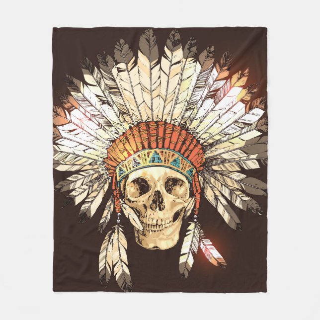 Hand Drawn Native American Indian Headdress With H Fleece Blanket (Front)