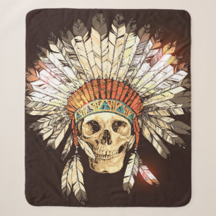 Hand Drawn Native American Indian Headdress With H Sherpa Blanket