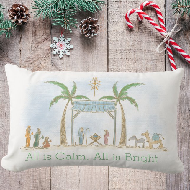 Hand Drawn Nativity Scene All is Calm Saying Lumbar Pillow (Creator Uploaded)