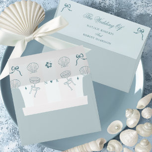 Hand drawn nautical blue shell coastal wedding envelope