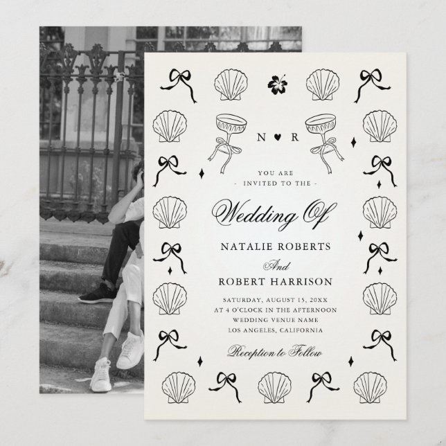 Hand Drawn Nautical Coastal Seashell Shell Wedding Invitation (Front/Back)