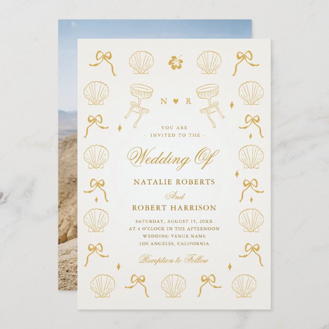 Hand Drawn Nautical Coastal Seashell Shell Wedding Invitation (Front/Back)