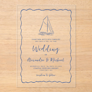 Hand Drawn Nautical Sailboat Navy Blue Wedding Acrylic Invitations
