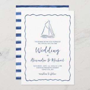 Hand Drawn Nautical Sailboat Navy Blue Wedding Invitation