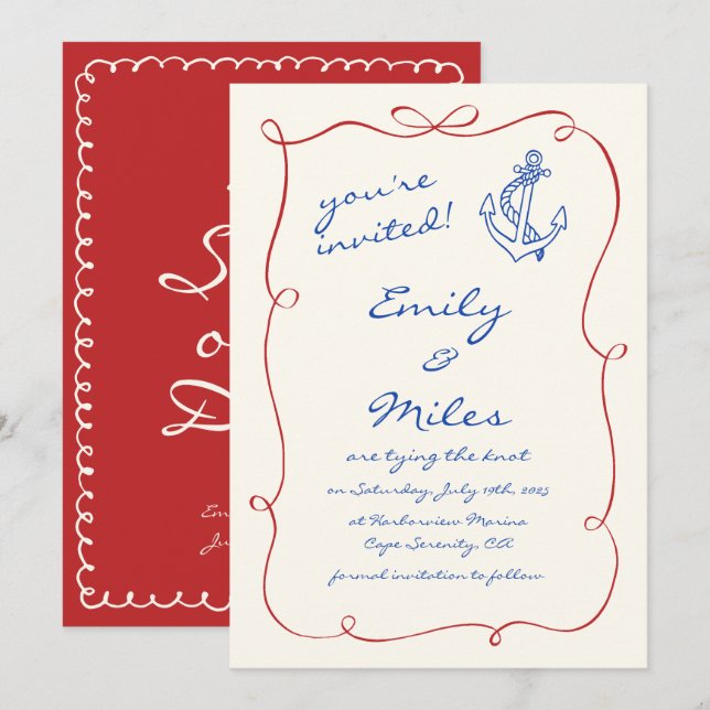 Hand Drawn Nautical Wedding Save The Date Invitation (Front/Back)