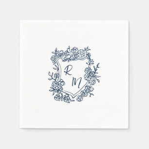 Hand Drawn Navy Blue Floral Crest Monogram Wedding Napkin
