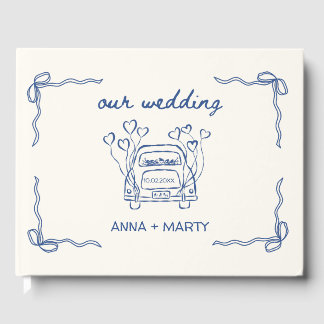 Hand-drawn Navy Retro Bows Wedding Car Unique Guest Book