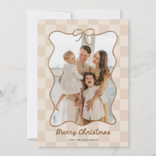 Hand Drawn Neutral Bow Frame Chequered Photo Holiday Card