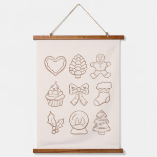 Hand Drawn Neutral Christmas Girly Boho Cottage Hanging Tapestry