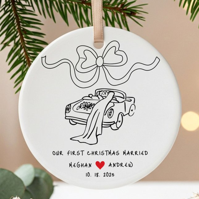 Hand Drawn Newlywed Christmas Ceramic Ornament (Creator Uploaded)