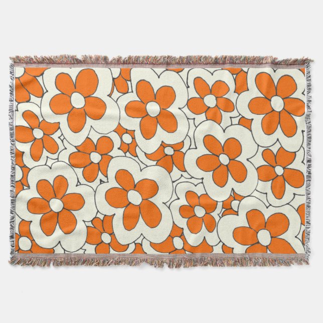 Hand Drawn Orange and Cream Flower Design Throw Blanket (Front)