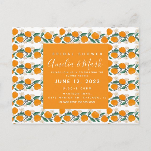 Hand-Drawn Orange Botanical Abstract Bridal Shower Postcard (Front)