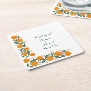 Hand-Drawn Orange Botanical Abstract Wedding Square Paper Coaster
