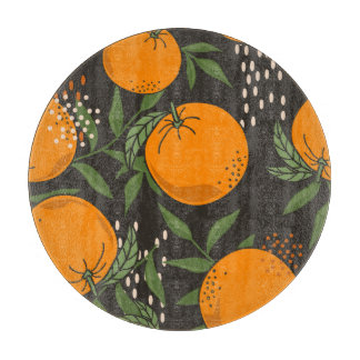 Hand-drawn oranges, colourful vintage background. cutting board
