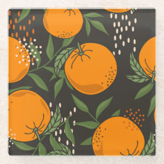 Hand-drawn oranges, colourful vintage background. glass coaster