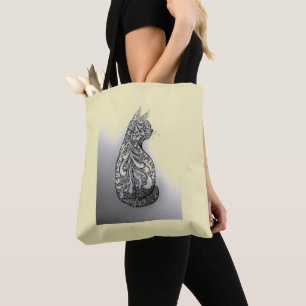 Hand-drawn original black and white ornamental cat tote bag