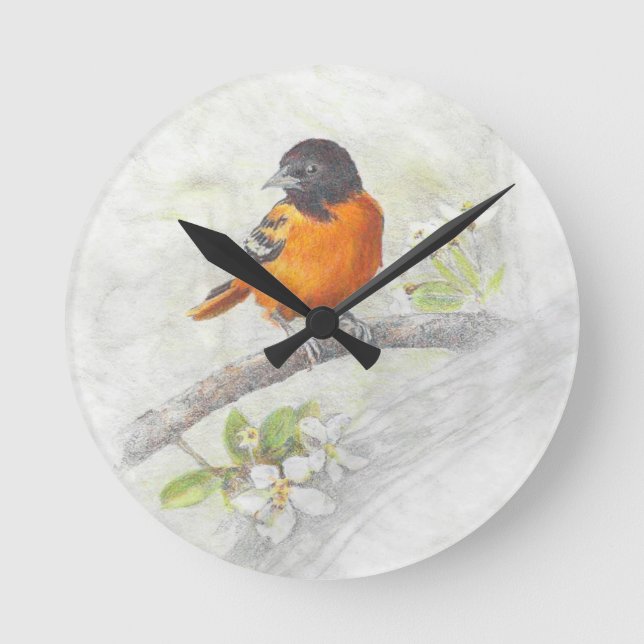 Hand Drawn Oriole Bird Illustration Round Clock (Front)