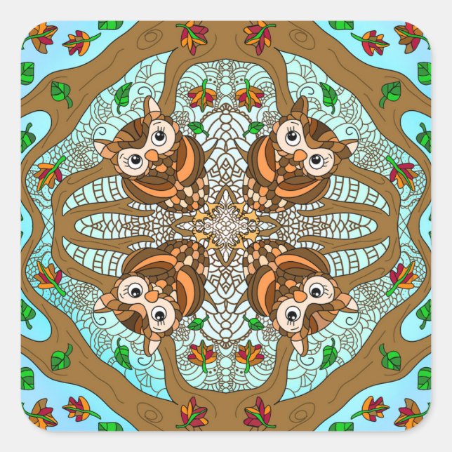 Hand Drawn Owl Mandala Artwork Square Sticker (Front)