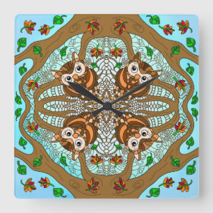 Hand Drawn Owl Mandala Artwork Square Wall Clock