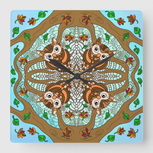 Hand Drawn Owl Mandala Artwork Square Wall Clock (Front)