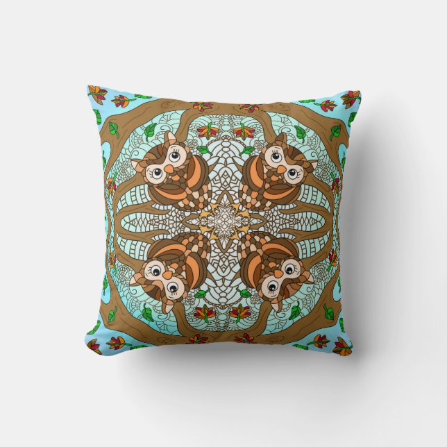 Hand Drawn Owl Mandala Artwork Throw Pillow (Front)