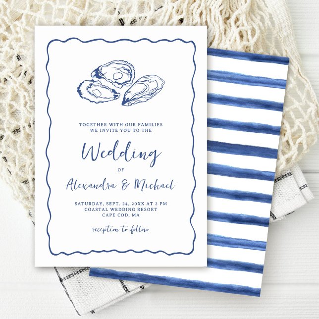 Hand Drawn Oysters Coastal Navy Blue Wedding Invitation (Creator Uploaded)