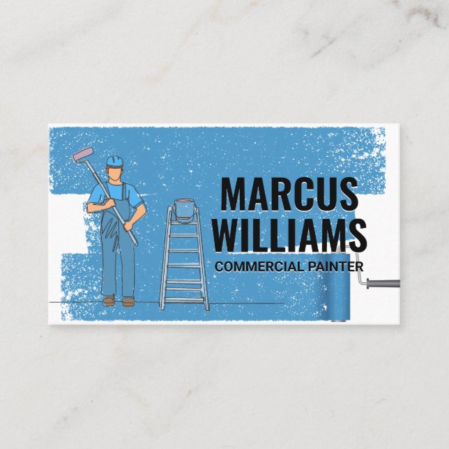 Hand Drawn Painter with Tools | Paint Roller Business Card (Front)