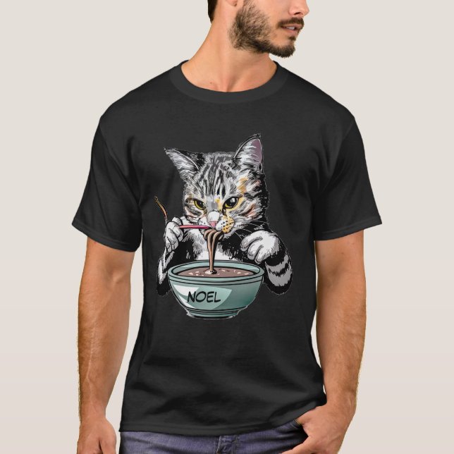 hand drawn painting of noodle eating cat T-Shirt (Front)