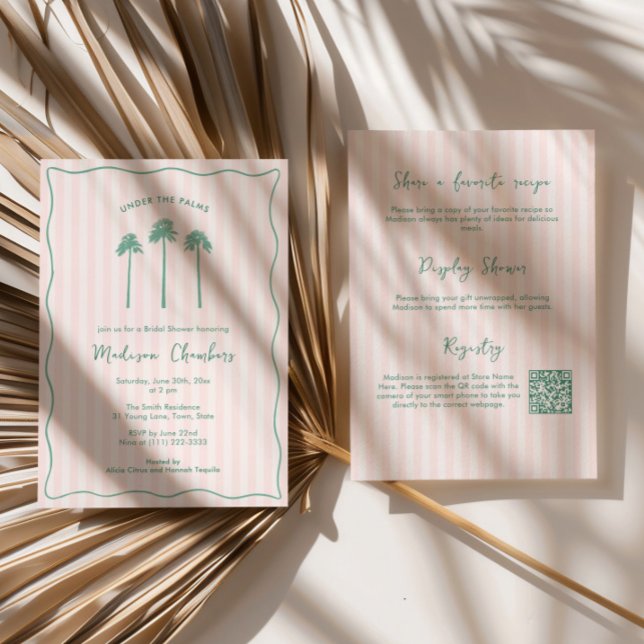 Hand-Drawn Palm Springs Pink Green Bridal Shower Invitation (Preppy pink and green Palm Springs Bridal Shower invitation with hand drawn fan palms & wavy border)