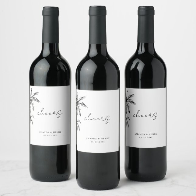 Hand Drawn Palm Trees Cheers Beach Wedding    Wine Label (Bottles)