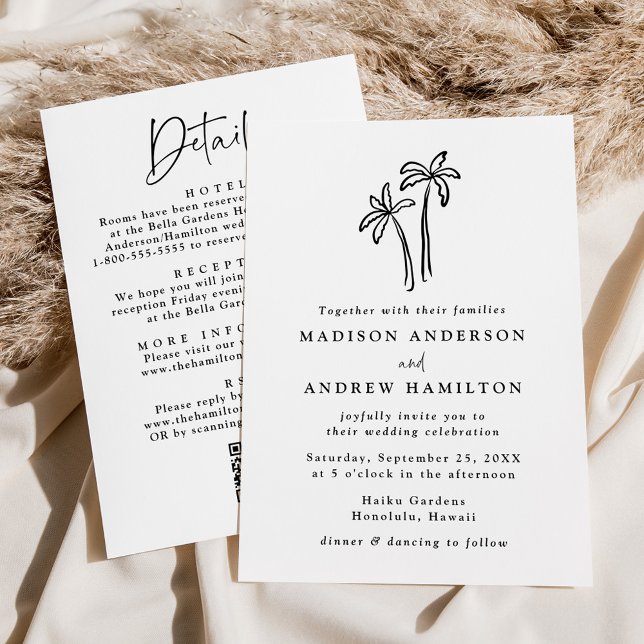 Hand-Drawn Palm Trees QR Code All in One Wedding Invitation (Creator Uploaded)