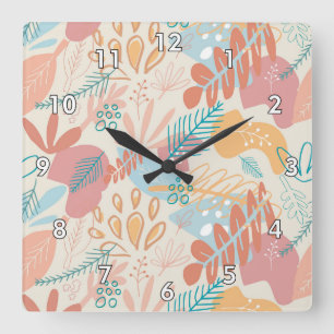 Hand Drawn Pastel Abstract Floral Pattern Square Wall Clock