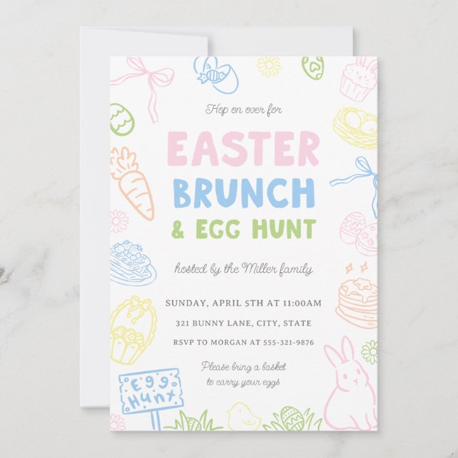 Hand Drawn Pastel Easter Brunch & Egg Hunt Invites (Front)