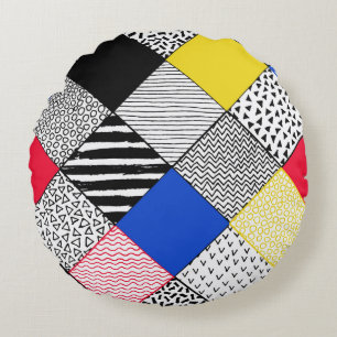 Hand Drawn Patchwork Background. Childish textured Round Pillow
