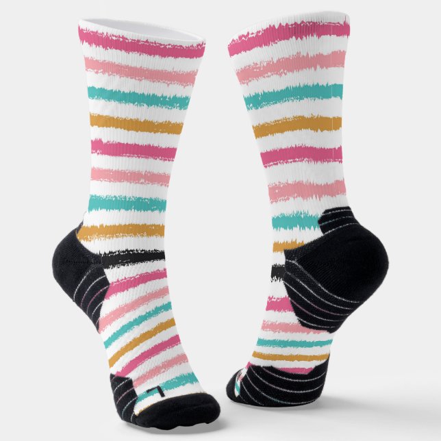 Hand-Drawn Peach Pink Teal Stripe Socks (Angled)