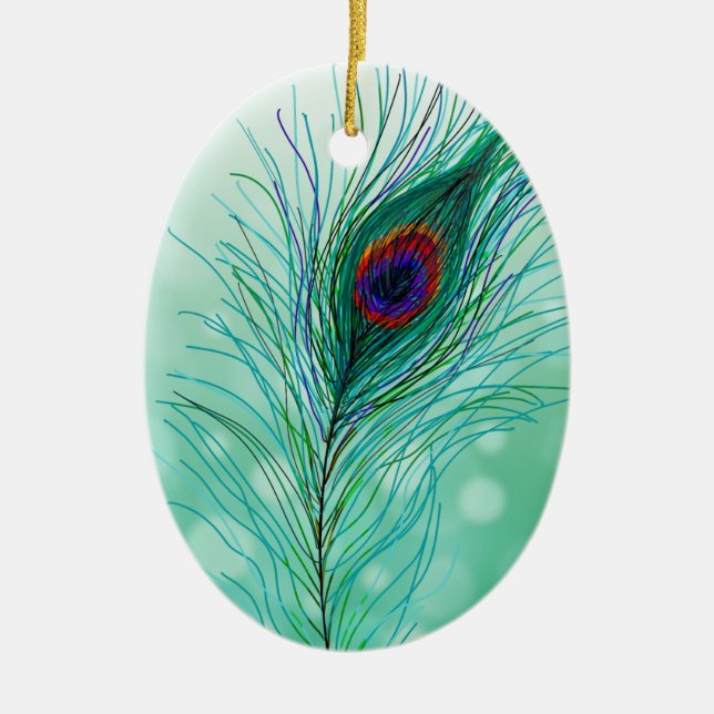 Hand drawn Peacock Feathers Personalized   Ceramic Ornament (Front)