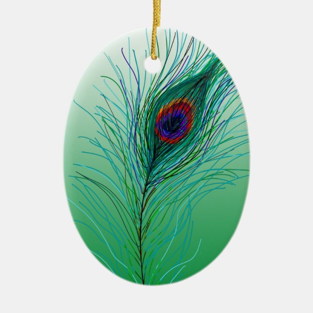 Hand drawn Peacock Feathers Personalized    Ceramic Ornament (Front)