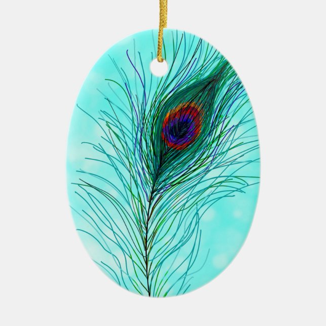 Hand drawn Peacock Feathers Personalized   Ceramic Ornament (Front)