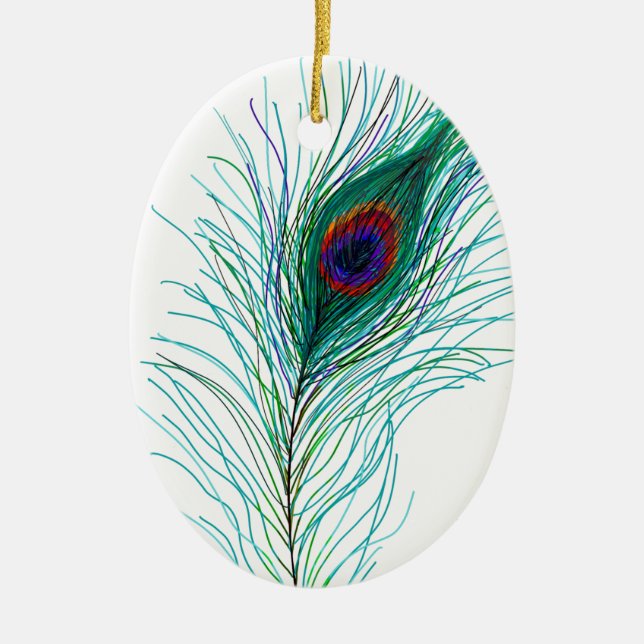 Hand drawn Peacock Feathers Personalized Christmas Ceramic Ornament (Front)