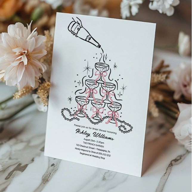 Hand Drawn Pearls & Prosecco Bridal Shower Invitation (Creator Uploaded)