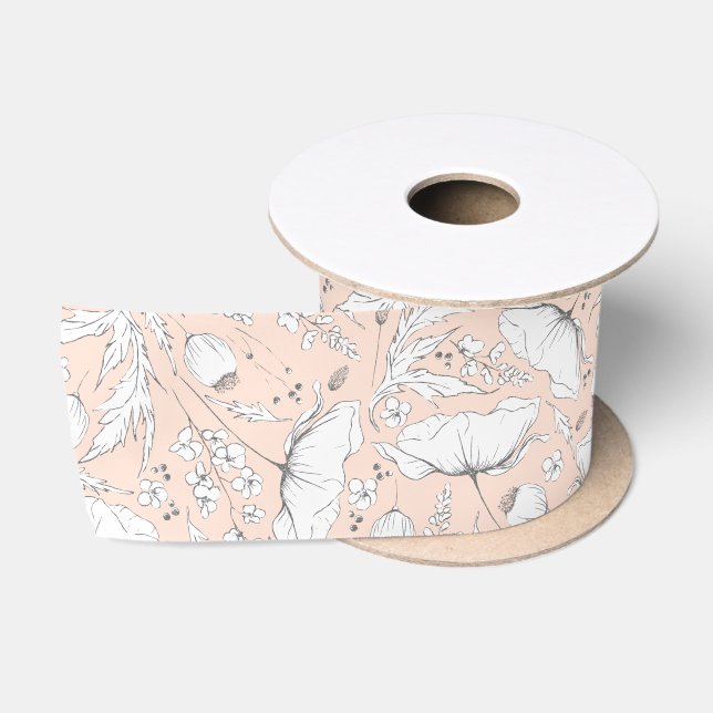 Hand-drawn Pencil Wildflowers Elegant Light Peach Satin Ribbon (Spool)