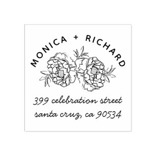 Hand-drawn Peonies Names & Hand-written Address Rubber Stamp