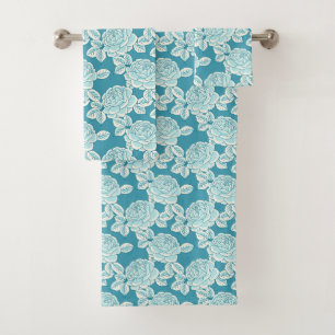 Hand Drawn Peony Floral Blue Towel Set
