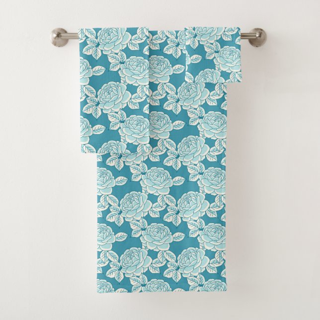 Hand Drawn Peony Floral Blue Towel Set (Insitu)