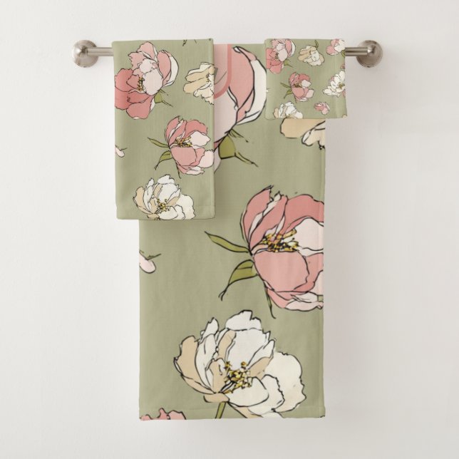 Hand-Drawn Peony Pattern Bath Towel Set (Insitu)