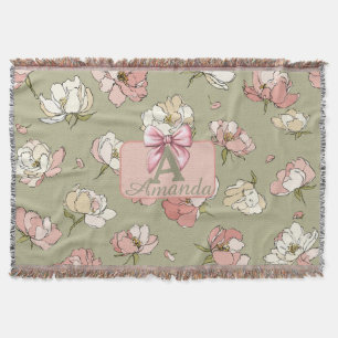 Hand-Drawn Peony Pattern Throw Blanket